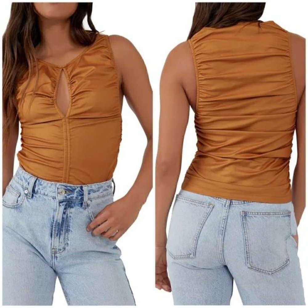NWT Free People Ride Along Ruched Crop Tank Top Copper Brown Cowgirl Sz XS